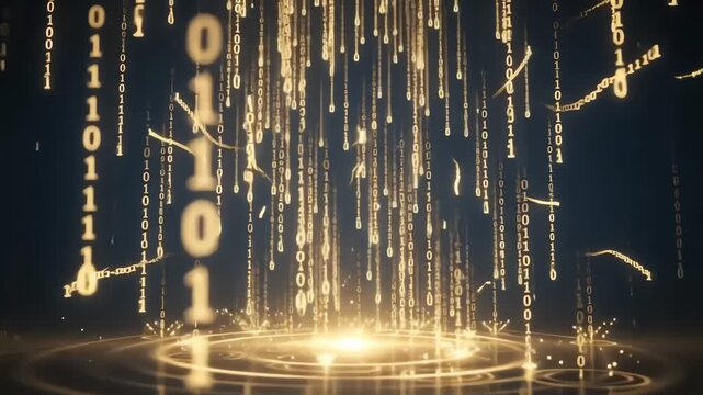 Cascading golden binary code stream over glowing digital floor