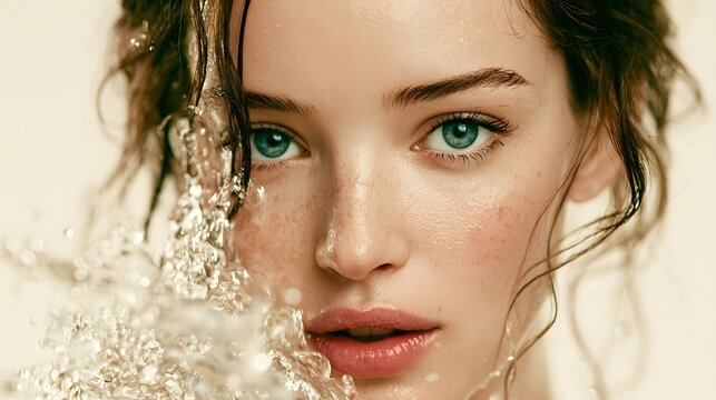 Wet hair frames a woman's face with water droplets
