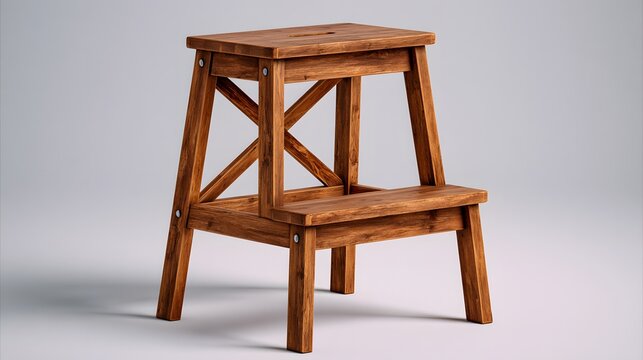 Wooden step stool stands against a neutral backdrop