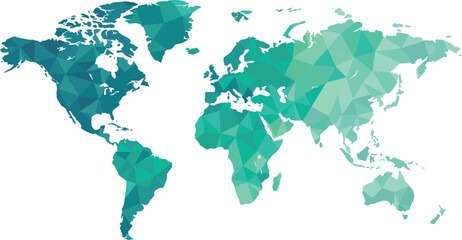 Modern abstract low poly world map vector illustration featuring teal and turquoise geometric triangles isolated on white background for global graphic design. © Pronabesh