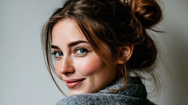 Brown hair tied in a loose bun