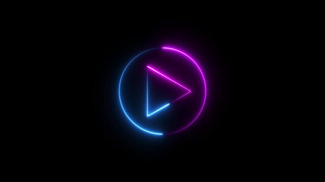 Neon glowing Play button animation on black background. Play button icon neon animation. Music play button icon animation