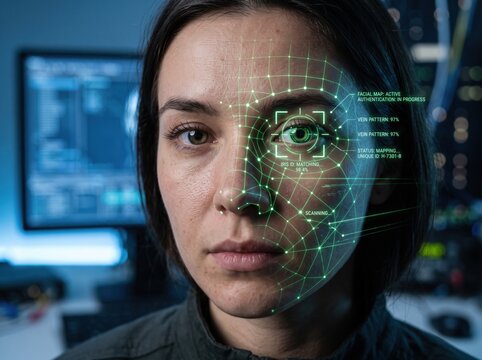 Woman with digital facial recognition overlay in a tech workspace  
