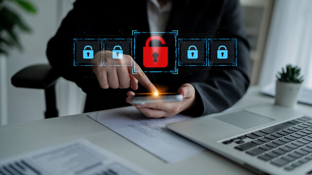 Digital security concept illustrating a cybersecurity breach, with a red unlocked padlock indicating data exposure among secure systems, emphasizing system vulnerability and risk Latch
