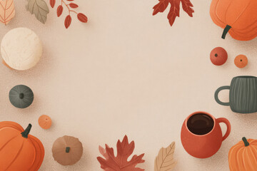 Fototapeta premium Cozy autumn arrangement with pumpkins, leaves, and hot drinks on textured background