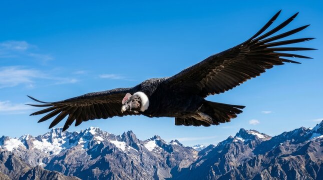 Majestic Andean Condor Soaring Over Snow Capped Mountain Peaks