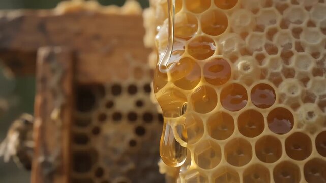 Golden honey dripping slowly from natural organic honeycomb cells