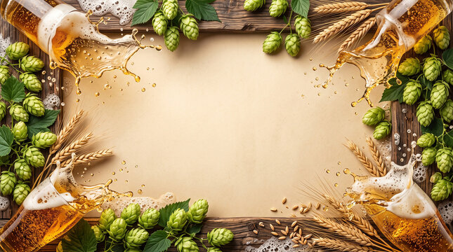 oktoberfest border frame with beer splashes hops and wheat on wooden background