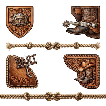 Western rodeo corner decorations with cowboy boots, hat, rope, and leather textures set.