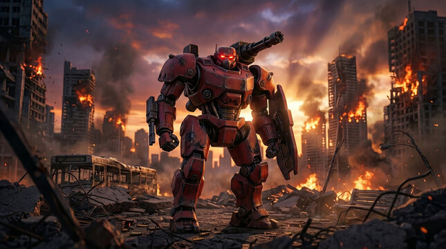 Futuristic red armored robot soldier holding sci-fi rifle standing on rubble in destroyed post-apocalyptic city, burning buildings, damaged tank and wrecked car, smoke and fire
