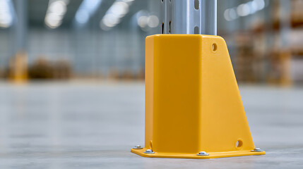 Fototapeta premium Bright yellow plastic protector guard mounted on metal rack leg base inside modern distribution warehouse facility safety equipment close up