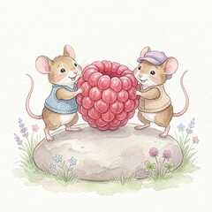 Fototapeta premium Two cute mice wearing sweaters holding giant raspberry standing stone summer forest harvest watercolor clipart