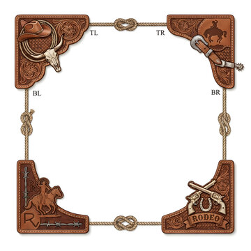 Western rodeo corner frame set with leather texture and cowboy themed decorative elements
