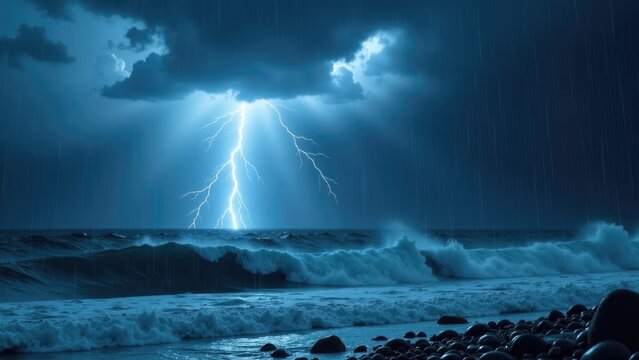 A lightning bolt illuminates the sky above a body of water