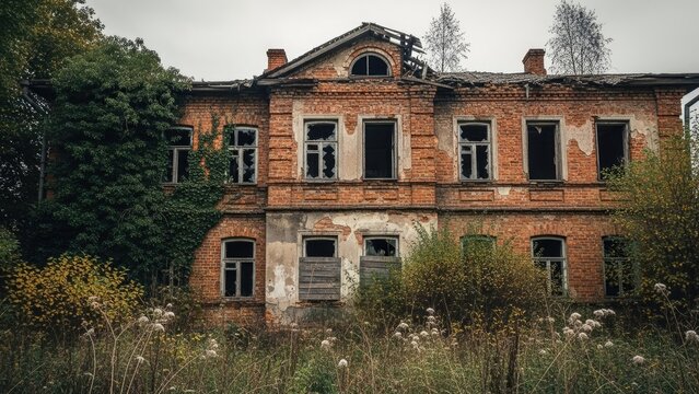 Abandoned derelict brick mansion with overgrown vegetation.