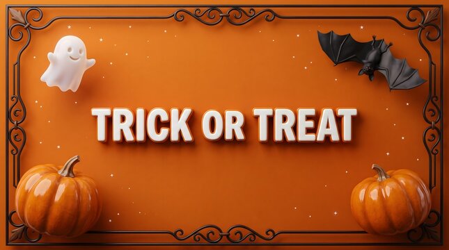 Festive orange background featuring a trick or treat sign with pumpkins and ghosts for a fun halloween special holiday celebration