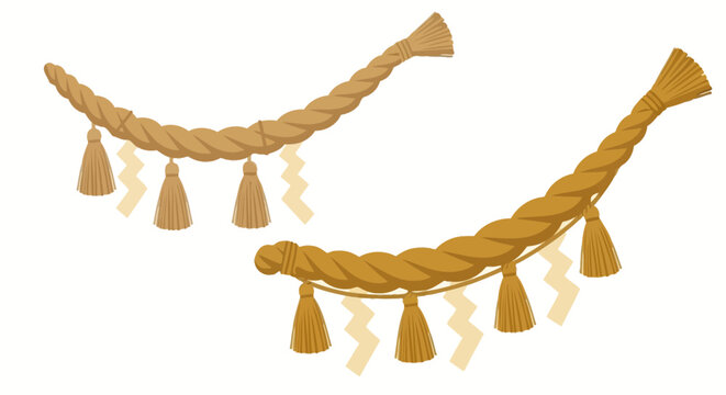 Japanese Shinto sacred straw rope shimenawa illustrations with tassels and shide paper streamers