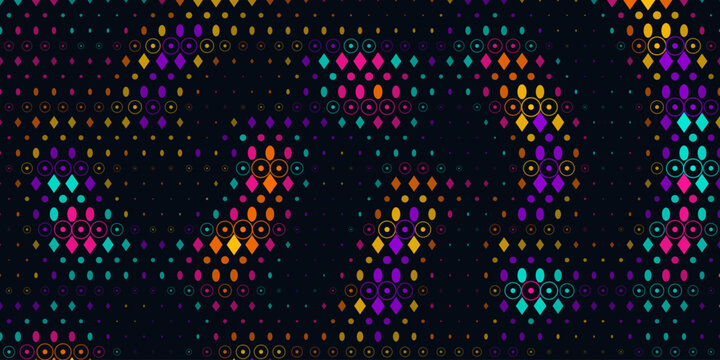 Vibrant neon halftone dot grid pattern background with colorful abstract digital tech geometric shapes