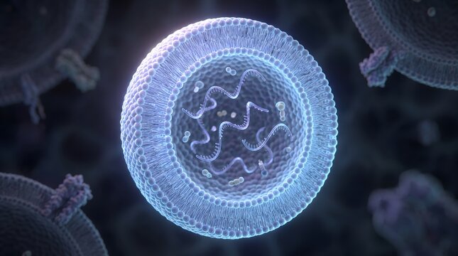 Macro visualization of mRNA lipid nanoparticle with genetic material inside, biotechnology and vaccine innovation concept