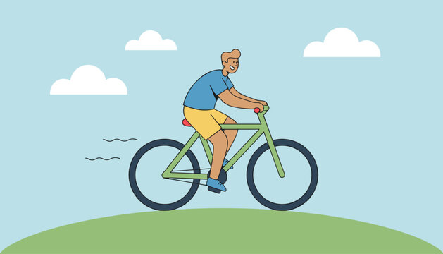 Happy man enjoys a brisk bicycle ride over a green grassy hill under a bright blue sky with soft white clouds.