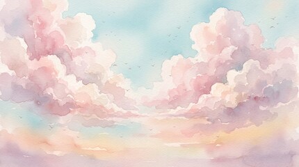 Fototapeta premium Watercolor sky painting with fluffy pink and purple clouds, soft pastel colors, dreamy atmosphere, and distant birds