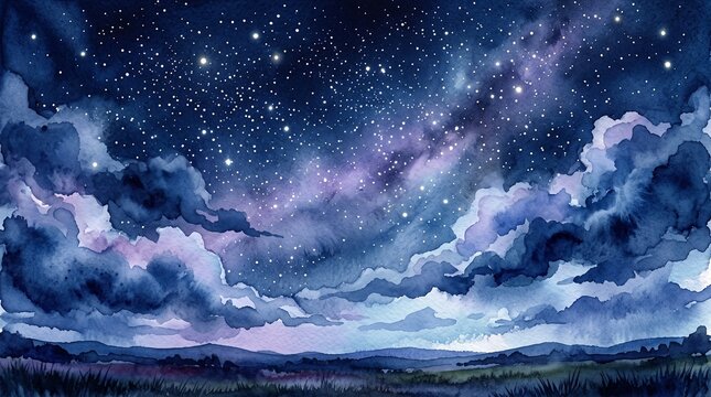 Watercolor night sky with bright stars, milky way, and rolling clouds over dark hills