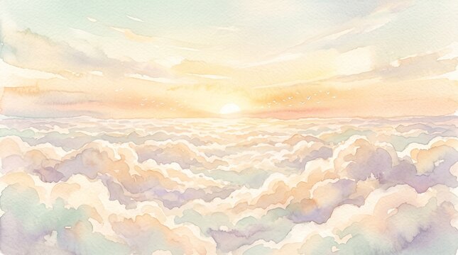 Watercolor painting of a dreamlike sunrise over a sea of soft fluffy clouds in pastel pink, yellow, and purple tones