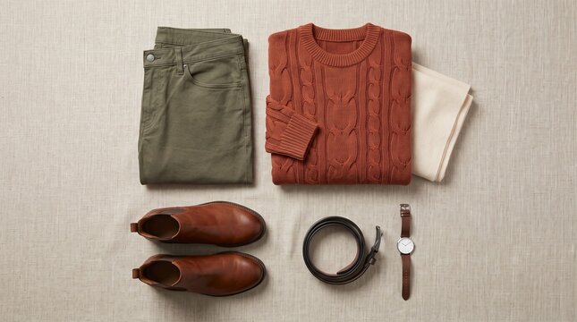 Autumn capsule outfit flat lay with cozy rust sweater, olive green pants, and leather boots