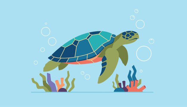 Sea turtle swimming gracefully in deep blue ocean water surrounded by rising bubbles and colorful coral reefs.