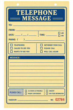 Vintage yellow telephone message form with blue typography, checkboxes and ruled notes, front view office stationery isolated on transparent background