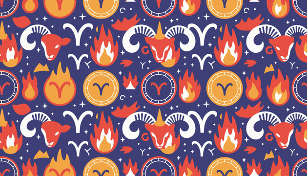 Seamless horoscope pattern of Aries zodiac signs featuring red rams, burning flames, and gold coins on dark blue.