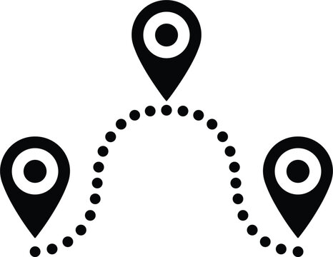 Curved dotted map itinerary path tracking three location marker pins for travel trip milestone planning vector icon