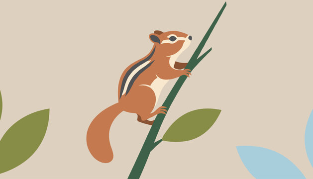Cute striped chipmunk climbing up a green plant stem with leaves against a soft beige background illustration.
