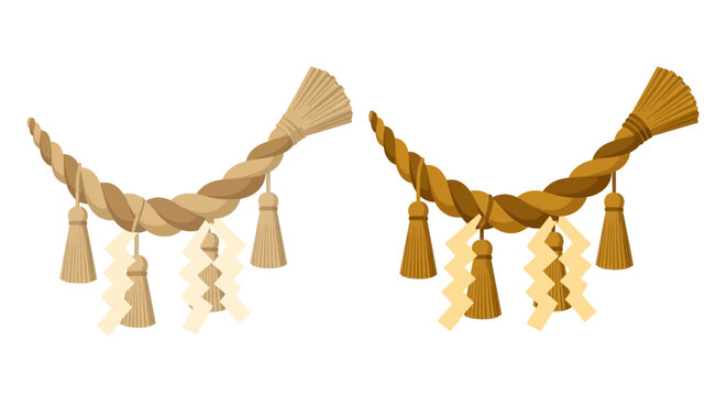 Traditional Japanese Shimenawa straw rope vector, Shinto sacred ritual decoration with shide paper, religious cultural ornaments