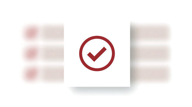Minimalist graphic icon showing a red check mark inside a circle symbol on a clean white background with soft motion blur effects around