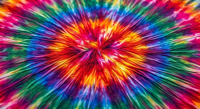 Vibrant tie dye spiral pattern with a bright red and yellow center radiating into a colorful rainbow explosion of texture