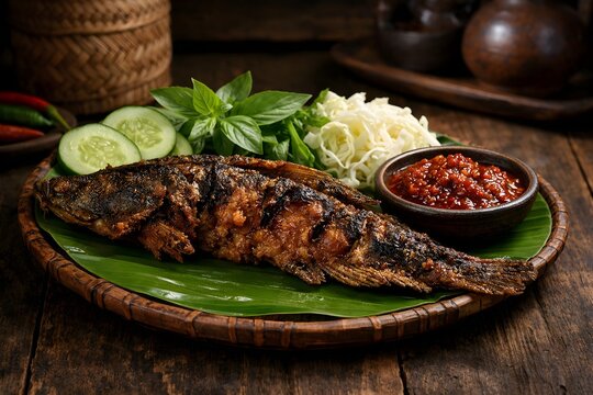 Traditional Indonesian Pecel Lele Fried Catfish with Fresh Lalapan