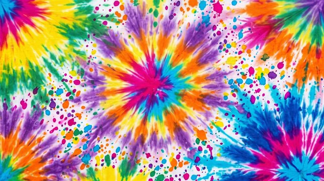 Tie dye textile pattern with vibrant colors, abstract shapes, splatters and psychedelic swirls in a colorful explosion