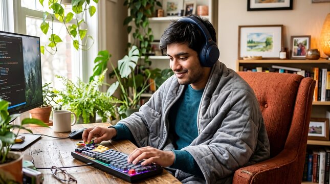 South Asian man with weighted blanket and headphones, experiencing neurodivergent joy