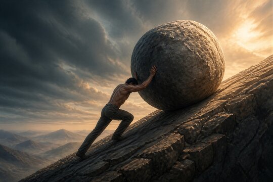 Man pushes a massive boulder uphill. Dramatic sky looms above rugged terrain. Sunlight breaks through clouds in golden rays. His effort shows determination and struggle