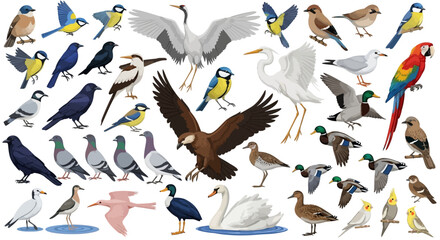 Naklejka premium Realistic bird species collection, diverse wild avian fauna vector set, colorful parrot and eagle illustrations for nature education
