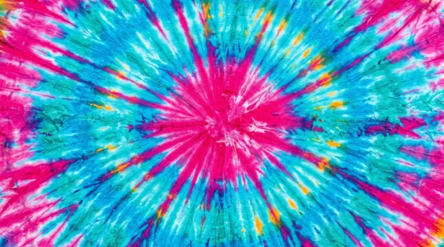 Vibrant tiedye fabric with a radial burst pattern in bright pink, blue, and yellow, creating a psychedelic and colorful background