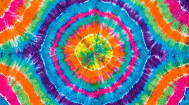Vibrant tie dye spiral pattern fabric background with bright rainbow colors in a circular design