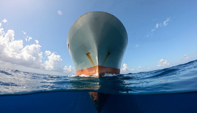 A low angle split level shot of a massive cargo ship hull sailing through clear blue ocean water under a bright sunny sky with white clouds