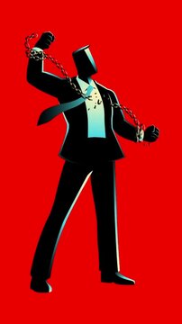 Businessman Breaking Free from Chains, Symbolizing Freedom, Liberation, Independence and Overcoming Business Restrictions