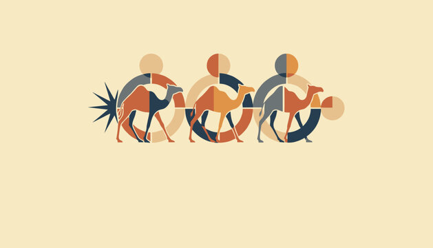 Three stylized camels walk in a row decorated with elegant geometric circles and stars in warm desert colors on a beige background.