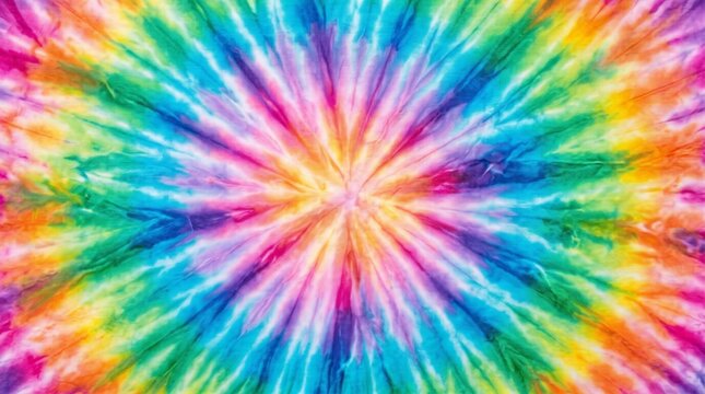 Vibrant rainbow tie dye fabric background with colorful burst pattern and psychedelic sunburst texture
