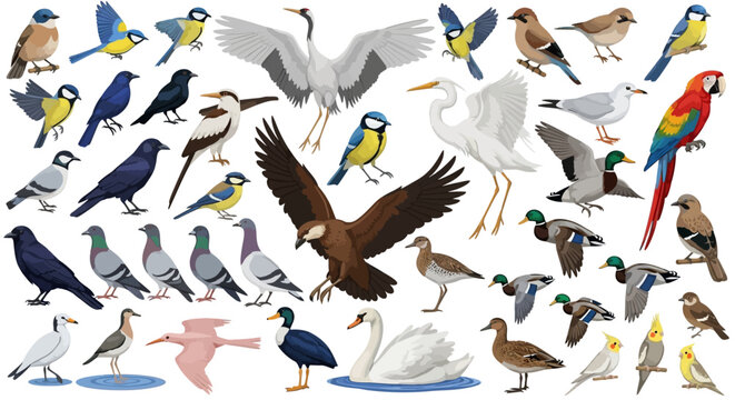 Realistic bird species collection, diverse wild avian fauna vector set, colorful parrot and eagle illustrations for nature education