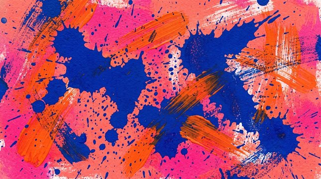 Abstract art background with vibrant colors, featuring bold blue paint splatters and energetic orange brush strokes on a textured pink surface