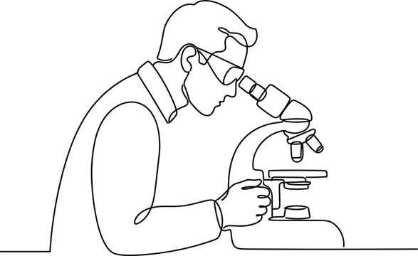 Male scientist looking through a laboratory microscope doing scientific research experiment single fine line vector art